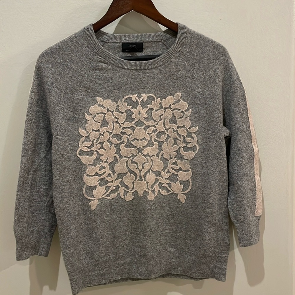 J. Crew- light gray sweater with light pink accents. Size small.